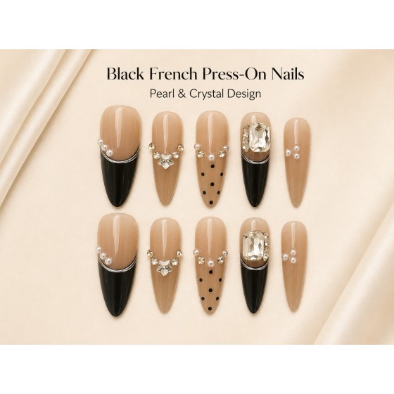 Black French Pearl & Rhinestone Press‑On Nails, Medium‑Long Almond Luxury Elegant False Nails With Polka Dots